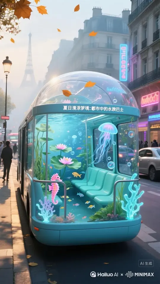 海洋生物在游动，街上人来人往[固定镜头] by Hailuo AI Video Generator