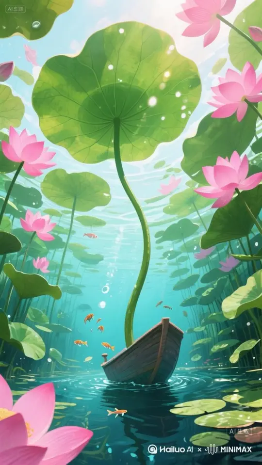 船前行，鱼游动，荷叶荷花晃动[跟随] by Hailuo AI Video Generator