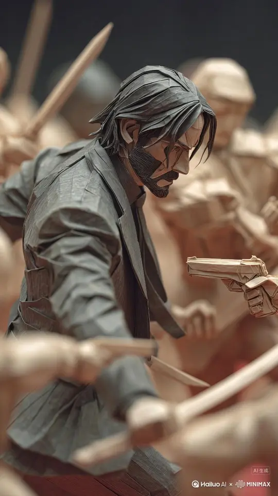 纸风格的《 John Wick》的战斗场景，折纸的基努·里维斯穿黑色西装，一手抢过对面人拿的枪，一手武士刀砍向对方，与围着他的一群黑西装杀手搏斗，杀手不断围过来向他攻击 [右移,左摇,跟随] by Hailuo AI Video Generator