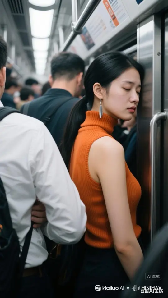 拥挤的地铁正在行进中摇晃，左边白衣男子被拥挤的人流推着，手臂与右边橘色女子身体贴着，不停的在摩擦[右移,左摇,跟随] by Hailuo AI Video Generator