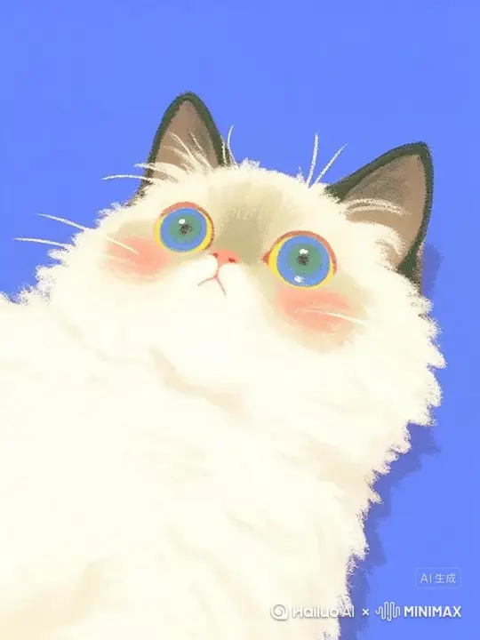 画面中的动漫小猫看向镜头眨眼，并张开嘴巴喵喵叫，随后伸出爪子揉耳朵 by Hailuo AI Video Generator