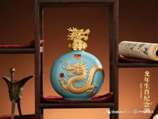 [下降,上摇]要做一个古风感拉满的视频哦。先给龙年生肖纪念酒来个 360 度的旋转特写，把瓶身那精致的金龙浮雕和独特的造型都清清楚楚展示出来。然后镜头缓缓拉远，背景是古朴的中式书房，木质博古架上还摆着卷轴和青铜酒樽，营造出浓厚的文化氛围。整体画面色调要温暖柔和，光线从侧面打过来，突出酒瓶的质感，最后再加上优雅的中国风背景音乐，让整个视频充满古典韵味。 by Hailuo AI Video Generator