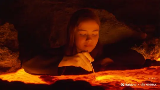 一个女生正在一个女生正在吃着岩浆，而且还有声音，是很解压的那种声音 by Hailuo AI Video Generator