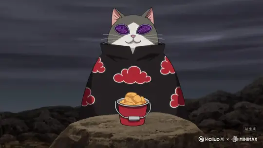 生成一个视频 月半猫加入晓组织，然后学会了轮回眼，释放天照做了一道肯德基出来 by Hailuo AI Video Generator