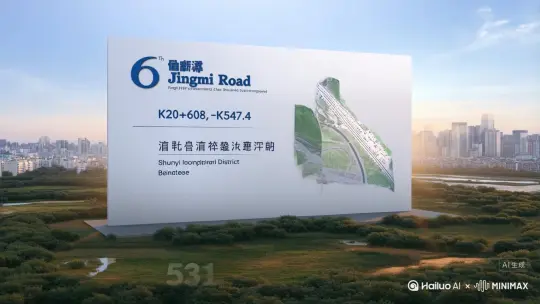 京密路6标段工程铭牌在晨光中显现，主线桥K20+648.4-K21+547.4坐标定位清晰，北京市顺义区区位图以三维形式展开，动态字幕“531根桩基·铸就顺平路立交根基”从地面升起，背景采用城市天际线航拍镜头推进，固定镜头展示工程全貌。  用中文 by Hailuo AI Video Generator