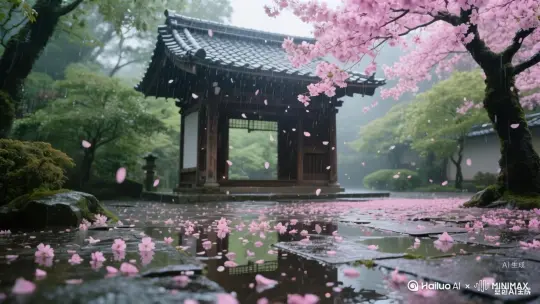 雨丝如银线，斜斜地从天空飘落，打在日式古亭的瓦檐上，溅起细碎的水花 。樱花树在风雨中轻摆，粉白花瓣挣脱枝头，乘着风、随着雨，悠悠扬扬飘向地面，落进石板缝隙与水洼里，和着雨滴的涟漪，晕染开浅粉的影。古亭静静伫立，承接雨的润泽，周围绿植在雨幕里微微颤动，将生机融入这朦胧的雨中庭院，一切都在自然的律动里，演绎着静谧又灵动的瞬间 。 by Hailuo AI Video Generator