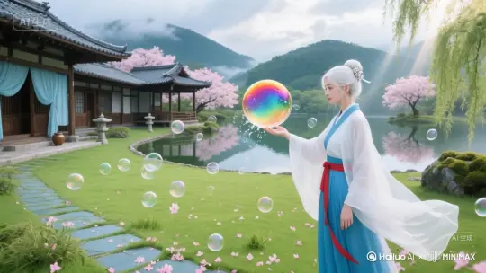 镜头从湖对岸山雾间游移而出，垂柳丝绦被风拂得轻晃，露珠滚落湖面漾开细纹 。随飘飞樱花，镜头滑向庭院，撞见蓝白汉服女子时，她广袖正随抬手动作舒展，指尖戳破巨型泡泡 —— 彩虹膜面迸裂成细碎光斑飞溅 。周围小泡泡如透明珍珠缓升，擦过她发间银饰，穿过飘落樱花瓣 。镜头绕女子转半圈，收进她衣袂翻飞、泡泡碎裂瞬间，再随往上飘的小泡泡，钻入樱花树影里，将满庭灵动光影缠进轨迹 。 by Hailuo AI Video Generator