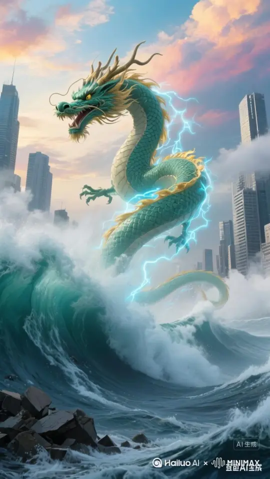 青龙一声怒吼，从海面往天空飞去 by Hailuo AI Video Generator