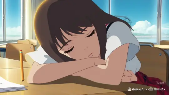 镜头拉远+场景切换
绘图提示词：蝉鸣中，女生著住校服，白色衫紅色格仔短裙，伏在课桌上睡午觉，白色校服袖口沾着阳光的金边，额前碎发随风扇轻晃。镜头从她攥着铅笔的手指拉远，穿过敞开的窗户，切换至教学楼顶视角——青灰色屋顶铺满夏云的影子，远处电车轨道泛着银光。宮崎骏風格 by Hailuo AI Video Generator