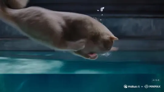 当空翻的弧线抵达顶点，猫轻盈收拢四肢如离弦之箭俯冲而下。入水刹那，粉红肉垫率先破开水面，溅起的水珠如碎钻悬浮空中，而身体却像刀刃滑入丝绸般平滑。水面仅泛起一圈涟漪，仿佛被猫尾轻轻点化的魔法纹路——这分明是顶级跳水选手的"零水花"秘技，却被它用绒毛覆盖的躯体演绎出新的诗意。

水下的慢镜头更显惊艳：被气泡包裹的猫伸展腰肢，爪尖勾出芭蕾舞者般的绷直线条，蓬松尾巴如螺旋桨优雅搅动水流。阳光穿透池底，在它琥珀色的瞳孔里折射出星芒，每一根飘动的胡须都丈量着水流的速度与力度。此刻它不再是陆地猎手，而是化身人鱼与飞鸟的混合体，用液态的舞台证明：重力，从来困不住真正的优雅。 by Hailuo AI Video Generator