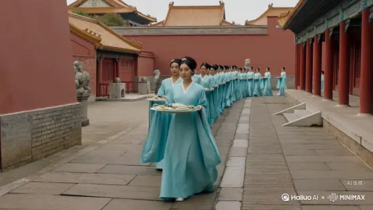 一排面容清秀身穿青色宫装的清朝宫女在紫禁城甬道行走，手里托着各色托盘，上面是宫宴菜肴 by Hailuo AI Video Generator