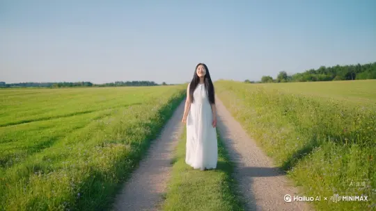 帮我生成一个黑色长发穿着白色连衣裙的美女表情愉悦走在乡间小路上 边走边在唱歌 镜头由远及近再到特写美女脸上的表情 by Hailuo AI Video Generator