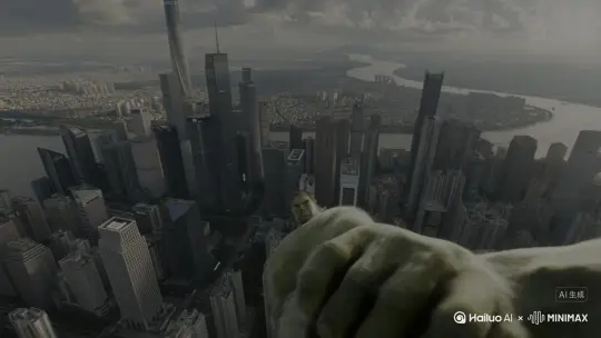 第一人称视角，绿巨人浩克，正在广州城市上空飞跃，广州塔（小蛮腰），珠江新城摩天大楼群（IFC，西塔），珠江，动态模糊，极速飞行，强健肌肉特写（手部，腿部），巨大力量感，皮肤纹理细节（绿色），低角度镜头，广角镜头，电影级画质，史诗感，4K分辨率 --ar 16:9 --style raw by Hailuo AI Video Generator