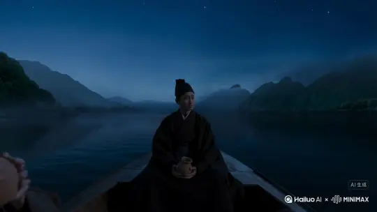 苏子愀然，正襟危坐而问客曰：“何为其然也？”客曰：“‘月明星稀，乌鹊南飞’，此非曹孟德之诗乎？西望夏口，东望武昌，山川相缪，郁乎苍苍，此非孟德之困于周郎者乎？方其破荆州，下江陵，顺流而东也，舳舻千里，旌旗蔽空，酾酒临江，横槊赋诗，固一世之雄也，而今安在哉？况吾与子渔樵于江渚之上，侣鱼虾而友麋鹿，驾一叶之扁舟，举匏樽以相属。寄蜉蝣于天地，渺沧海之一粟。哀吾生之须臾，羡长江之无穷。挟飞仙以遨游，抱明月而长终。知不可乎骤得，托遗响于悲风。” by Hailuo AI Video Generator