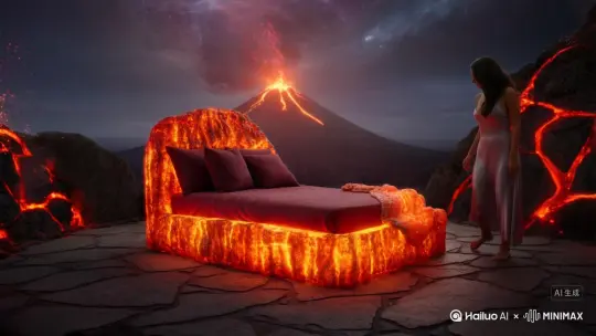 在一个室外远处有一座正在涌出岩浆的火山，天空星云缭绕神秘而梦幻，周边有岩石，岩缝间隐隐闪烁着仿若岩浆流淌的红光，还不时有微小的火星飞溅。地板是由冷却后带有独特纹理的岩浆石板铺就，呈现出不规则的块状拼接，散发出丝丝温热。
一位身着丝绸吊带短裙的女人，赤着脚，脚步轻盈又带着几分好奇地走向房间中央那张火山岩浆材质的床。这床的床头犹如凝固的火山喷发造型，床身整体好似正缓缓流动的岩浆，散发着令人惊叹的橘红色光芒，表面还冒着丝丝热气。床与女人身高视觉和谐，来到床边，女人轻轻在床边坐下，随后缓缓躺了上去，她伸手小心翼翼地拉起同样以火山岩浆材质编织的被子，她蜷缩着躺进了这被子，火山岩浆材质床垫温柔地包裹住她的身体。被子盖住脖子至腿的部位，这被子像是一层流动的火焰，轻柔却又带着暖意贴合在她身上，仿佛她置身于火山脚下那独特而热烈的环境之中，奇幻又震撼。[拉远] by Hailuo AI Video Generator
