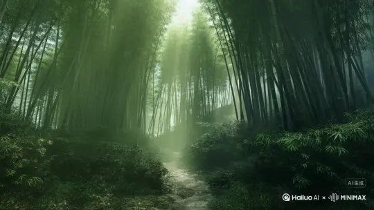 镜头从低角度向上缓缓推进，穿过一片茂密的野生竹林。高耸的竹竿仿佛将眼前青色的雾气（青霭）分割开来，形成一条通往深处的小径。 by Hailuo AI Video Generator