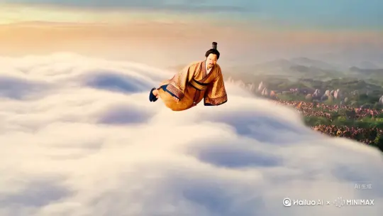 他在空中游玩，看到人民安居乐业，非常满意，便又开心的去天宫逛逛 by Hailuo AI Video Generator