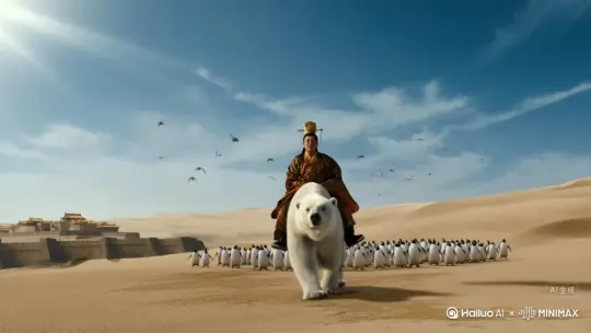 帮我生成一个视频：秦始皇在沙漠中骑着北极熊身后跟着一群南极企鹅，天上还有几只麻雀飞着他们正在向前方一座城池进军，这时突然天降擎天柱和他们大战，秦始皇迅速发射 x光线将擎天柱打散架，最后秦始皇被两只企鹅带着飞上天了 by Hailuo AI Video Generator