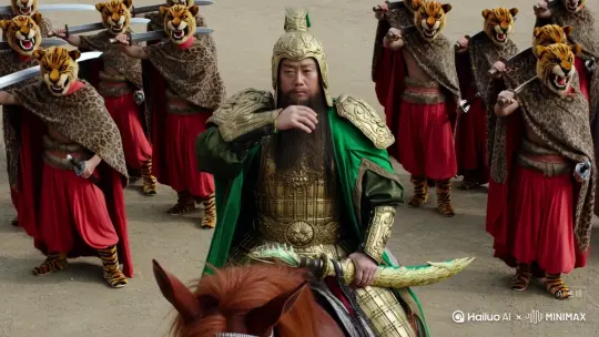 他们头上戴着虎皮冠,张口吞天,豹皮披肩,豹皮战裙,大红裤,虎皮战靴,每人手里头。提着一口大刀。有一员大将,身高八尺开外,金盔金甲绿征袍,胯下赤兔胭脂马,手提青龙偃月刀,手捻长髯是微合凤目。正是那关羽关云长。 by Hailuo AI Video Generator