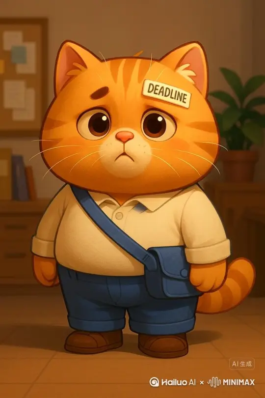 Using the reference image of the cute orange tabby cat with big round eyes and a "DEADLINE" sticker on its forehead, animate the exact same character doing a smooth backflip in a cozy office setting. The cat wears a white shirt, blue pants, brown shoes, and a blue satchel. Keep the same cartoon style, proportions, and lighting as in the image. The cat looks nervous at first, then jumps up and flips backward in midair with a determined expression. The camera follows the flip in slow motion, showing the cat’s fluffy tail and ears moving as it spins. It lands on its feet and smiles slightly in relief. Keep the background consistent with an office room — bookshelves, plant, warm tones. Pixar-style soft animation. by Hailuo AI Video Generator