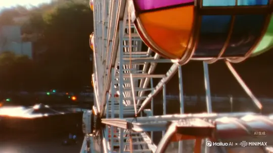 Extreme high-angle drone shot of a ferris wheel's metallic skeleton under blazing summer sun, intense light glares reflecting on steel beams,俯瞰视角透过彩色玻璃舱看到地面嬉戏的孩子们化作跃动的光斑, aerial perspective, kodak portra 800 film grain, cinematic lighting --ar 16:9 --style raw by Hailuo AI Video Generator