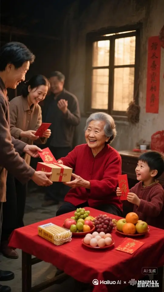 老婆子收下手中的盒子红包，站起来对男人说，谢谢，脸上是欢喜的表情[上升,推进] by Hailuo AI Video Generator