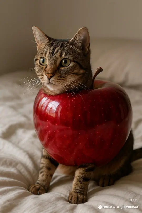 一个苹果，缓慢的从猫咪身上长大，包裹了猫咪，最后完全变成了苹果的样子，猫咪最后消失了 by Hailuo AI Video Generator