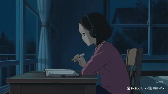 [场景主题：寂静夜晚] [主体：一个带耳机的漫画少女坐在卧室窗台边的书桌上写日记] [环境：卧室窗台] by Hailuo AI Video Generator
