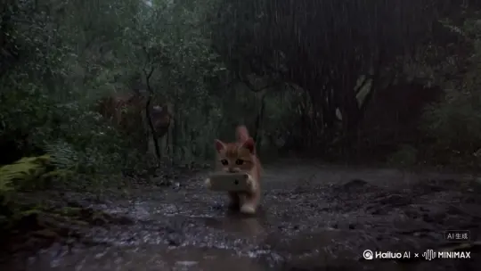 一只可爱的小猫拿着手机自拍，在森林里被凶猛的老虎追着跑，下雨天， by Hailuo AI Video Generator