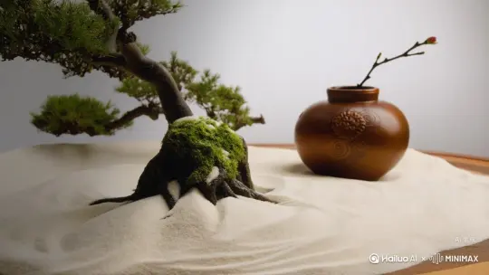 动静相济：于静谧中见生机
 
- 枯山水庭院里，静止的白沙被耙出波纹，似流水潺潺；案头的瓶插一枝梅，静默中却藏着含苞待放的张力，于不动中见动态的韵律。
​
- 戏曲里的“亮相”，一个定格的姿态，却能让人感受到角色背后的故事与情绪流动，静中含动，动中藏静。 by Hailuo AI Video Generator