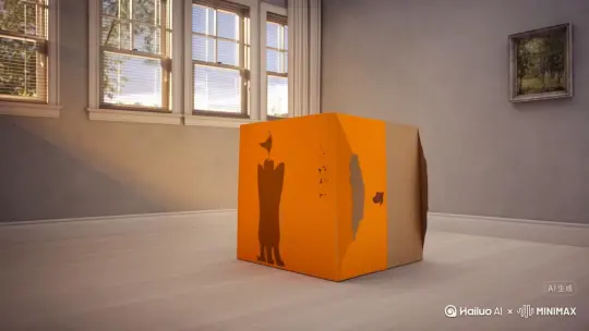 采用固定镜头，以电影化手法展现一间胖橘猫主题房间的初始场景。空荡的客厅中央，一只巨大、略显磨损的橘黄色纸箱静静伫立，箱面印着一只眯眼微笑的胖橘猫剪影。纸箱忽然轻轻抖动，随即“嘭”地一声，所有胖橘猫元素的物件像爆米花般接连弹出：一张胖橘猫造型的蓬松懒人沙发、橘白相间印着猫爪印的绒毯、橘猫尾巴外形的抱枕、猫耳轮廓的木质茶几、橘子罐头形状的床头柜、橘猫胡须纹路的窗帘、挂着小铃铛的橘猫爬架、橘猫脸造型的挂钟、橘猫脚印夜灯、橘猫毛色渐变香薰蜡烛、橘猫剪影书挡、猫罐头外观收纳桶、小橘猫造型台灯、橘猫胡须状流苏的地毯。它们在空中旋转几圈后，精准落位，眨眼间将空房间组装成一间暖橘调的慵懒猫系客厅。画面里橘色与奶咖色交错，午后斜阳透过百叶窗洒在猫抓板上，光影如猫爪轻抚地面，最后镜头定格在胖橘猫懒人沙发憨态可掬的“笑脸”。画质超写实逼真，超清，电影质感 by Hailuo AI Video Generator
