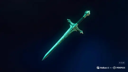 制作一个王室长剑发出青绿的光芒支离破碎再重组的视频 by Hailuo AI Video Generator