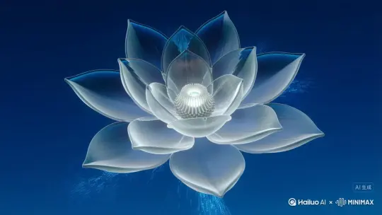 悬浮于幽蓝渐变的虚空背景中的，是一座结构精妙的**半透明琉璃莲台**。它并非静态，**柔和的乳白色光晕**在其脉络间缓慢流转，底座有**细微的淡蓝能量粒子**如呼吸般明灭。

突然，莲台中心花蕊处**迸发出一团温和却明亮的翠绿色光球**（0.4秒），光球迅速扩散，将整个莲台浸染成**通透的、生机勃勃的翡翠色**，光波如涟漪般在琉璃表面荡漾。紧接着，在翠光最纯净的时刻，莲台并非碎裂，而是**优雅地解离**——整个结构无声地**散逸成亿万颗微小的、晶莹剔透的翡翠色光粒**，如同被吹散的蒲公英种子，轻柔地悬浮在原空间，形成一个朦胧的莲台轮廓。

这些光粒并非无序。它们仿佛被无形的生命律动指引，**以莲台中心为原点，呈完美的同心球状波纹，层层向外扩散、绽放**（1.8秒）。每一颗光粒都在运动中**同步脉动**，亮度随扩散距离柔和变化，形成**一圈圈动态的、呼吸般的翡翠光环**。光粒轨迹留下**极细的、短暂存留的淡绿光丝**，编织出梦幻的立体网络。

当最外层光环抵达顶点，所有光粒瞬间**静止**，悬停在巨大的球状空间里。刹那的寂静后，它们**如百川归海般，沿着绽放时的光丝网络急速回溯**！回溯的速度远超绽放，光粒流汇聚成**逆向流动的翡翠光河**（0.6秒）。在回归莲台原始位置的瞬间，光粒**并非重组旧貌，而是凝聚、升华**！

强光一闪即逝，一座**更大、结构更繁复、通体流动着液态翠绿光芒与淡蓝数据流纹路**的**水晶莲台**静悬于空。它核心处，一颗**稳定的翠绿光核**如心脏般**持续而有力地搏动**，每一次搏动都向四周辐射出**温和的生命能量涟漪**，并伴有**空灵的电子混音与悠远的自然和声**。 by Hailuo AI Video Generator