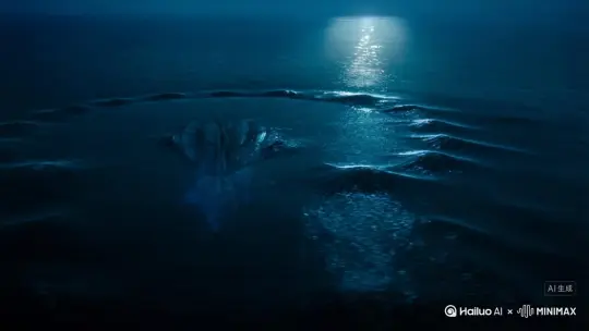 [左移,推进,右摇]墨蓝色深海表层泛起环形涟漪，月光在浪尖投下银白碎光，镜头从50米高空俯冲，以120fps慢镜头捕捉青金色巨鳞划破水面的瞬间，特写巨龙吻部顶破浪峰，獠牙间水珠形成水幕，鳃裂喷出淡蓝色水雾；轨道侧移并以轻微仰角跟拍巨龙攀升的躯干，200米长的脖颈舒展，背鳍划破云层，鳞片从深海蓝渐变为鎏金色，龙身完全离海后切换360°环绕运镜，展现翼展遮天蔽日的压迫感，左翼掀起巨浪，右翼带起的气流让云层成螺旋涡流，海水从鳞甲缝隙坠落形成彩虹；巨龙升至千米高空悬停时，镜头骤切眼部特写，琥珀色竖瞳收缩间泛起星火，左眼燃起橙红色烈焰化为太阳肌理，右眼凝结冰蓝色光晕浮现月纹暗斑，色调随之骤变，左眼侧天空呈熔金红，右眼侧为靛蓝暗调，龙首在冷暖光交界中形成半明半暗的阴阳分割；最后镜头从龙爪特写拉升至航拍远景，巨龙以螺旋上升轨迹盘旋于云层之上，日月双目投射的光带交织成十字星轨，下方海面被映照成赤金色与幽蓝色两半，龙身如连接天地的光柱，鳞片反射的光斑在云层上形成流动星图，整体色调与影调参考《海王》海底夜景的冷冽深邃、《霍比特人》巨龙鳞片的金属光泽、《奇异博士》魔法光效的粒子感，运镜与景别切换对标《哥斯拉大战金刚》的节奏，营造从神秘压迫到史诗神圣的视觉氛围。 by Hailuo AI Video Generator