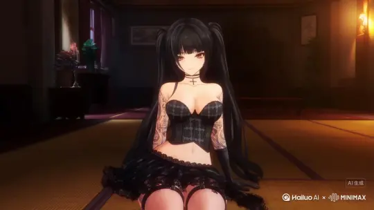 动漫风格的黑发双马尾少女，在榻榻米上轻扭腰胯，穿着哥特风黑色紧身胸衣内衣，带有十字架图案，黑色蕾丝手套和洛丽塔风格短裙，脖子戴着十字架项圈，手臂有精致纹身，性感自信的姿势，室内背景，昏暗优雅的灯光，像素风格，画面细节丰富，色彩鲜艳，
像素风, 二次元, 动漫插画, 数字绘画, 复古滤镜，
 魅惑眼神, 身材曲线明显, 黑色吊袜带, 蕾丝边, 哥特风时尚，
禁止出现：模糊, 低质量, 解剖结构错误, 多余的手指, 变形的脸, 水印, 字幕 by Hailuo AI Video Generator