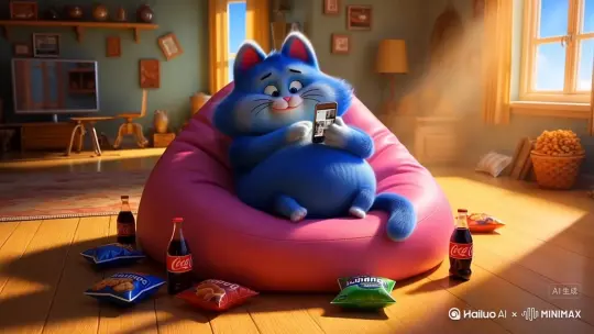 3D动画风格，画面主体是一只蓝色的胖猫，耳朵内侧为粉色，有着白色的胡须和粉色的鼻子；全景；阳光明媚的周日早晨，蓝色胖猫瘫在粉色懒人沙发上，爪子拿着手机刷视频，周围堆满薯片、可乐，脸上挂着满足的笑容。

3D动画风格，画面主体是一只蓝色的胖猫，耳朵内侧为粉色，有着白色的胡须和粉色的鼻子；中景；手机屏幕突然弹出日历，大大的 “周日” 字样闪烁，蓝胖猫耳朵一抖，笑容僵在脸上。 by Hailuo AI Video Generator