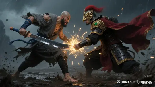 旋转镜头：禅杖与戒刀碰撞火星四溅，断树乱飞，两人身影在暴雨中缠斗 by Hailuo AI Video Generator