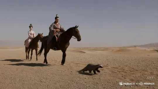 唐代帅哥和唐代美女骑马在新疆戈壁滩上旅行，地上跑着一只非洲平头哥。 by Hailuo AI Video Generator