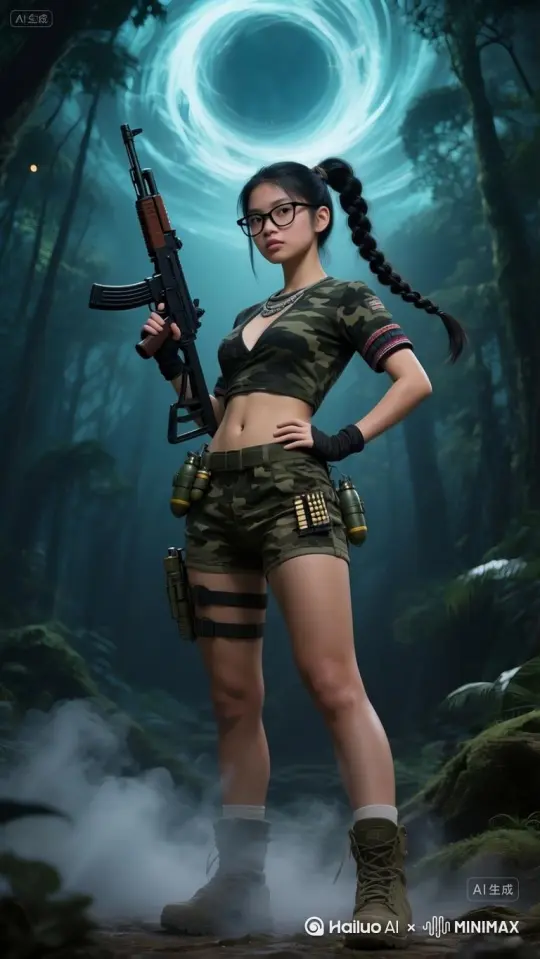 镜头1：全景，固定低角度仰拍，高分辨率呈现苗疆少女与时空虫洞场景，展示全身装备、对称构图、侏罗纪森林背景，光影、烟雾细节超写实，CG渲染直出、V-Ray渲染，营造Dolby Vision级动态范围。
- 镜头2：中景，固定低角度仰拍，聚焦少女上半身，突出眼神、黑框眼镜冷暖光斑、AK47与腰间装备，系统虚拟界面淡蓝色全息投影清晰，森林环境氛围渲染。
- 镜头3：特写，固定低角度仰拍，拍摄少女手部握住AK47细节，军靴踩地烟雾效果，展现装备质感与姿态，保留暗部细节。 by Hailuo AI Video Generator