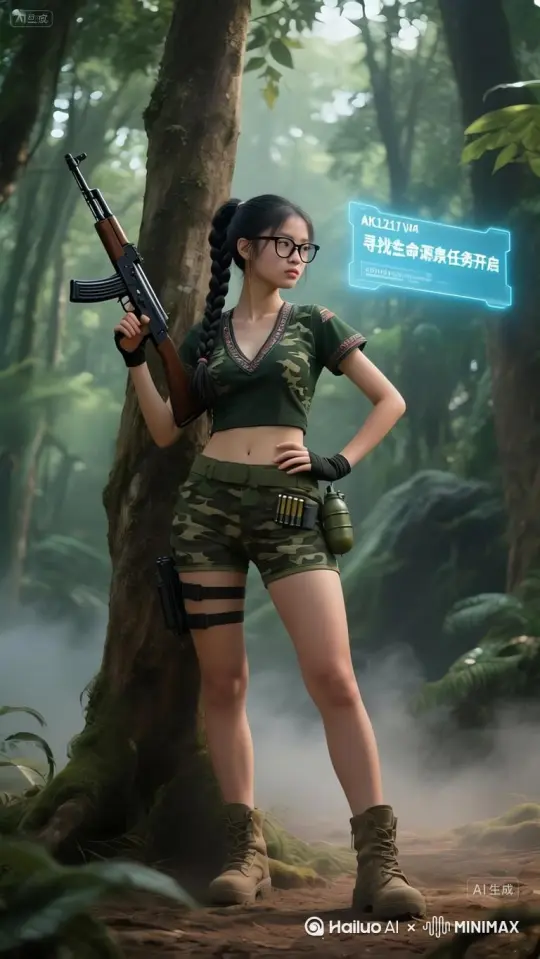 镜头1：中景，固定低角度仰拍，呈现少女在侏罗纪森林空地与系统互动，AK47靠树干，周围森林光影透过树叶，恐龙叫声环境音配合，展示虚拟界面与探索氛围。[左移,推进,右摇]
- 镜头2：近景，固定低角度仰拍，捕捉少女查看系统时专注神情，深V迷彩短袖、黑框眼镜细节，森林背景光影流动，突出人物与环境融合。[左移,右摇,跟随]
- 镜头3：特写，固定低角度仰拍，聚焦系统虚拟界面文字，“寻找生命源泉任务开启”清晰，淡蓝色全息投影质感，配合森林环境光。[右移,左摇,跟随] by Hailuo AI Video Generator