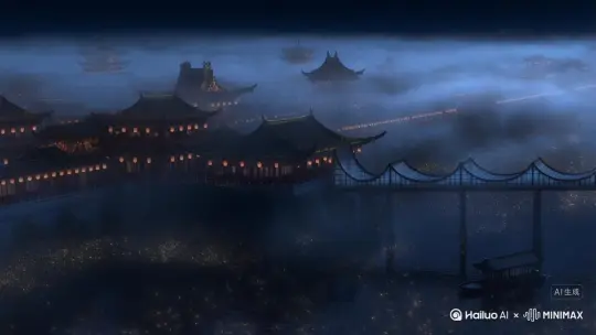 夜雾如纱，漫过鎏金屋顶与琉璃长桥。千盏灯河在雾中漾开，化作流动的星子坠入水面，游船划过，搅碎满河碎金。楼宇浮在朦胧光晕里，飞檐垂落的灯串似银河倾泻，偶有鹤影掠过，翅尖带起细碎光尘，整座城都浸在揉碎的月色与梦境里。 by Hailuo AI Video Generator