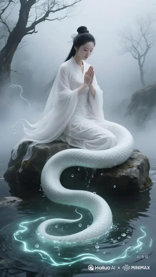 [左移,右摇,跟随]烟雾缭绕，蛇尾缓缓摆动，美女看向镜头微微一笑。 by Hailuo AI Video Generator