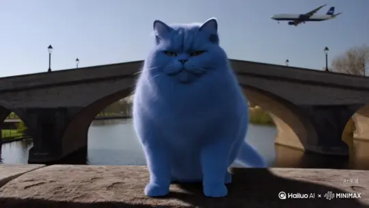 蓝色胖猫站在一座桥上，看着镜头摆摆手说拜拜，天空上一架飞机飞过，并且逐渐消失不见 by Hailuo AI Video Generator
