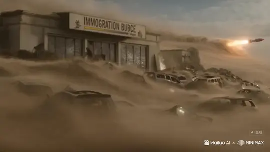 地球赤道附近的巨型-
沙尘暴，卷着汽车残-
骸掠过“移民管理局-
”废墟，招牌上的“-
希望”二字只剩“亡-
”字。
超广角镜头，昏黄滤-
镜，沙尘暴中汽车零-
件反光如星火，废墟-
玻璃上的裂纹像蛛网-
，远处移民火箭的尾-
焰刺破云层。 by Hailuo AI Video Generator