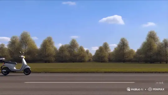 侧面角度拍摄，小电动摩托车和大货车行驶中对向撞击，大货车被撞得车头都飞起来，倒在小电动车摩托车前面，小电动车毫发无损 by Hailuo AI Video Generator