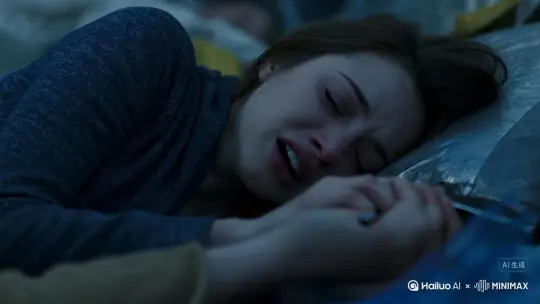 闪回：三年前，艾拉的妹妹死于资源暴动，临终前抓着她的手：“哥说火星有干净的水，像外婆故事里的‘红岸’……
手持镜头，色调偏蓝-，妹妹的脸逐渐模糊-，水袋碎片划破艾拉-的‘红岸’……”
艾拉攥碎妹妹的手，血滴在妹妹的芯片（与艾拉同款）上 by Hailuo AI Video Generator