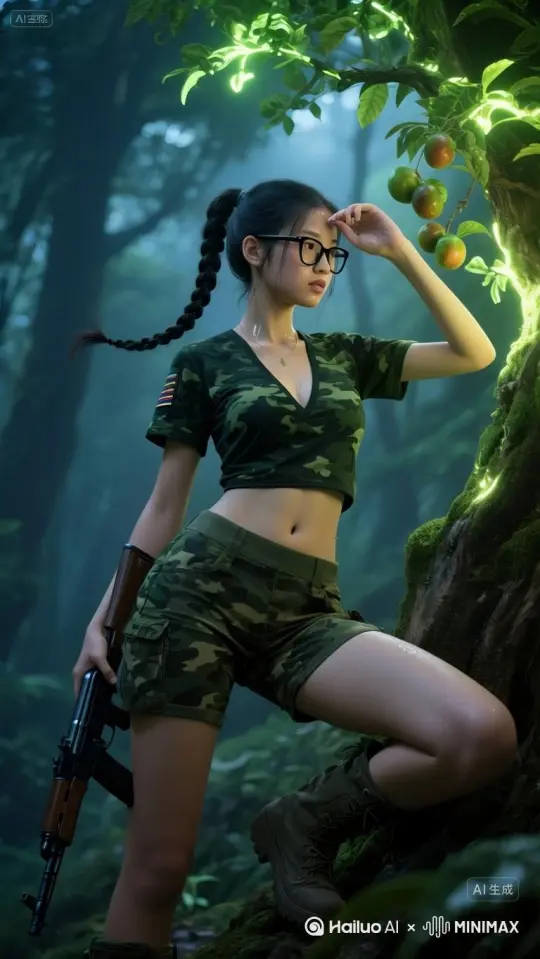 "镜头从仰拍古树发光枝叶开场，缓缓下摇跟拍，聚焦到倚靠树干的少女。先以固定镜头捕捉她抬手抹额头汗珠的特写（汗珠滑落脸颊细节清晰），接着镜头缓慢推进，跟随她视线平移到发光果实，她微微前倾，单手扶树、屈腿支撑的姿势在运镜中自然呈现，背景森林薄雾与发光绿植流动虚化，突出她近距离观察果实的专注神态，全程用电影级动态模糊模拟真实运镜轨迹，配合环境音（虫鸣、树叶沙沙声 ）与呼吸音效，营造奇幻冒险的沉浸镜头感，画质4K超写实" by Hailuo AI Video Generator