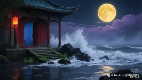 空镜：月光下潮水奔涌 by Hailuo AI Video Generator