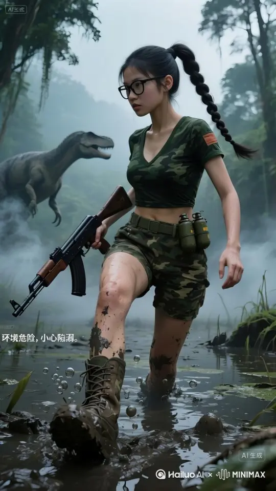 镜头以低角度跟拍视角，从少女踏入泥潭溅起泥水的脚部特写开始，缓慢上移跟拍她深陷泥潭的动作（腿部挣扎带动泥水飞溅、气泡破裂细节清晰呈现 ）。过程中，镜头微微晃动模拟紧张呼吸感，当她察觉后方动静，快速甩头向后看，镜头借她转身动作，瞬间后拉带出后方迷雾中恐龙追击的身影（恐龙张嘴、踏步带起雾气流动 ）。背景森林在运镜中因雾气虚化，突出少女逃生的紧张姿态与恐龙追击的压迫感，全程配合环境音（泥潭黏液声、恐龙嘶吼、呼吸加重音效 ），用电影级动态运镜强化冒险逃生的沉浸镜头感，画质4K超写实" by Hailuo AI Video Generator
