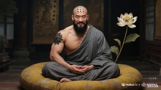 中景：鲁智深盘坐蒲团，烛火映亮坦荡笑容，经书在风中翻页 by Hailuo AI Video Generator